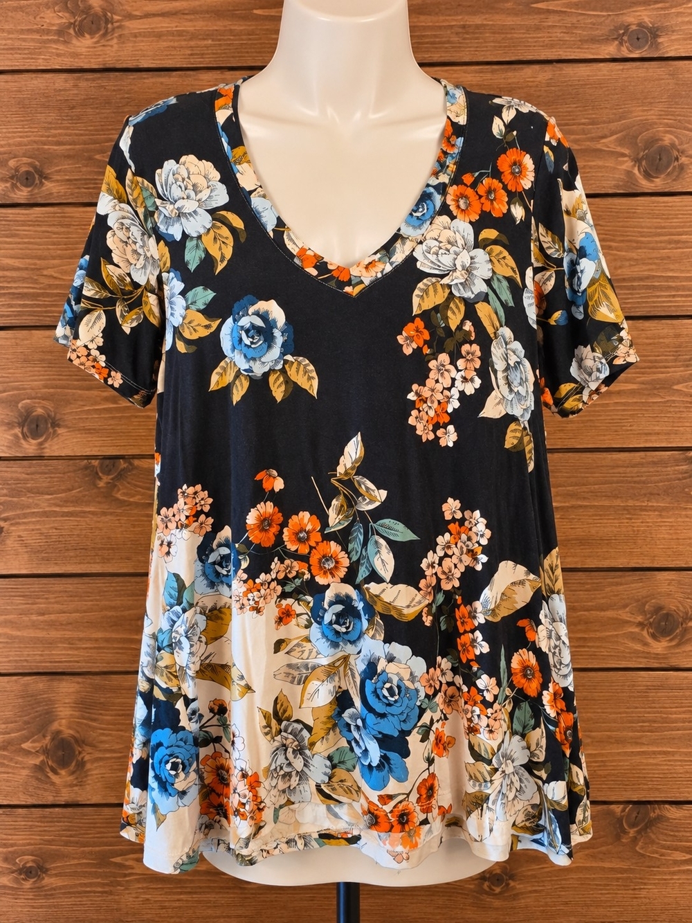 Johnny Was Black Floral V-Neck Top with Blue and Orange Blooms